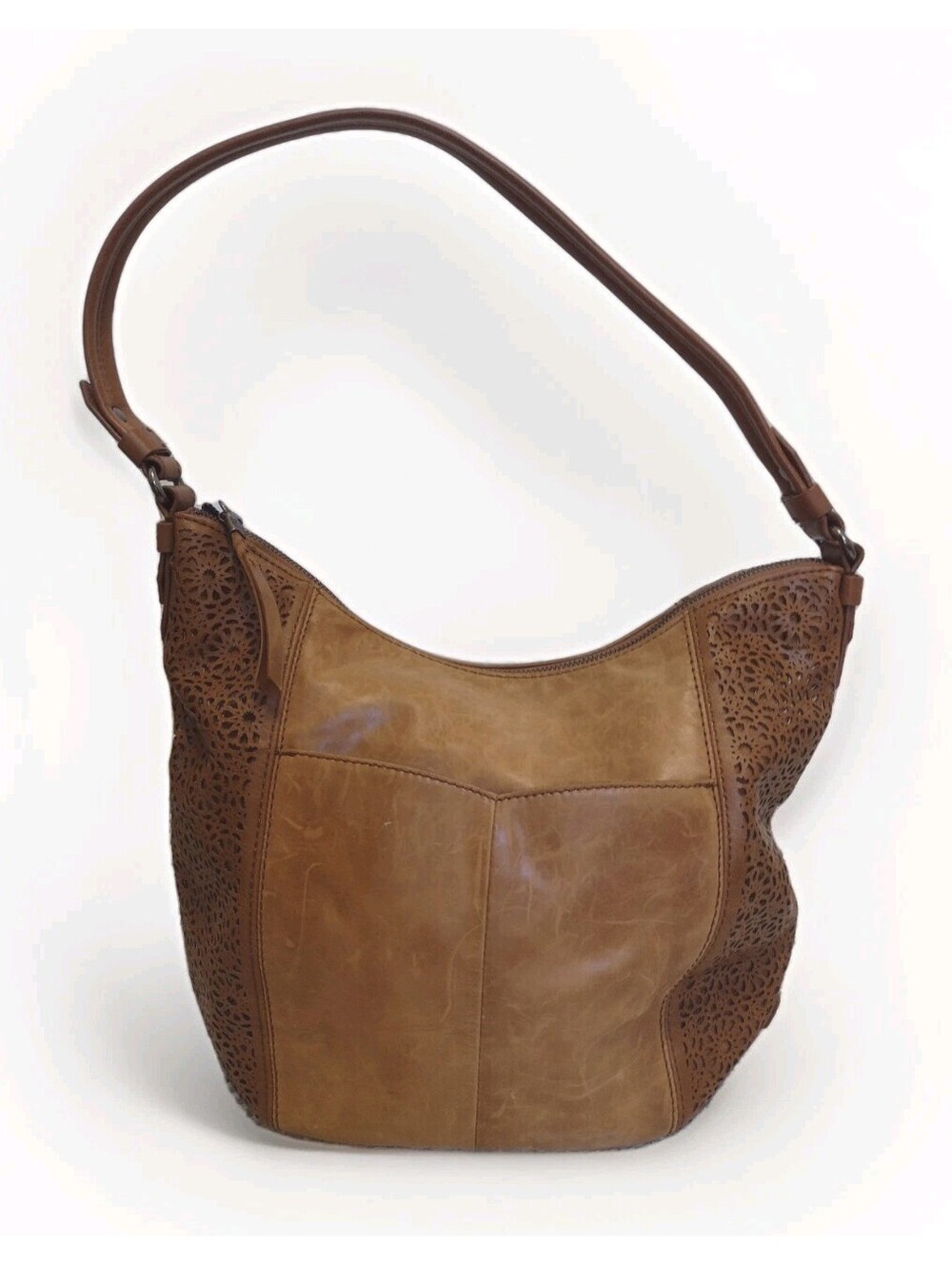 The Sak Sequoia Hobo Bag Brown Leather Laser Cut Floral Shoulder Purse